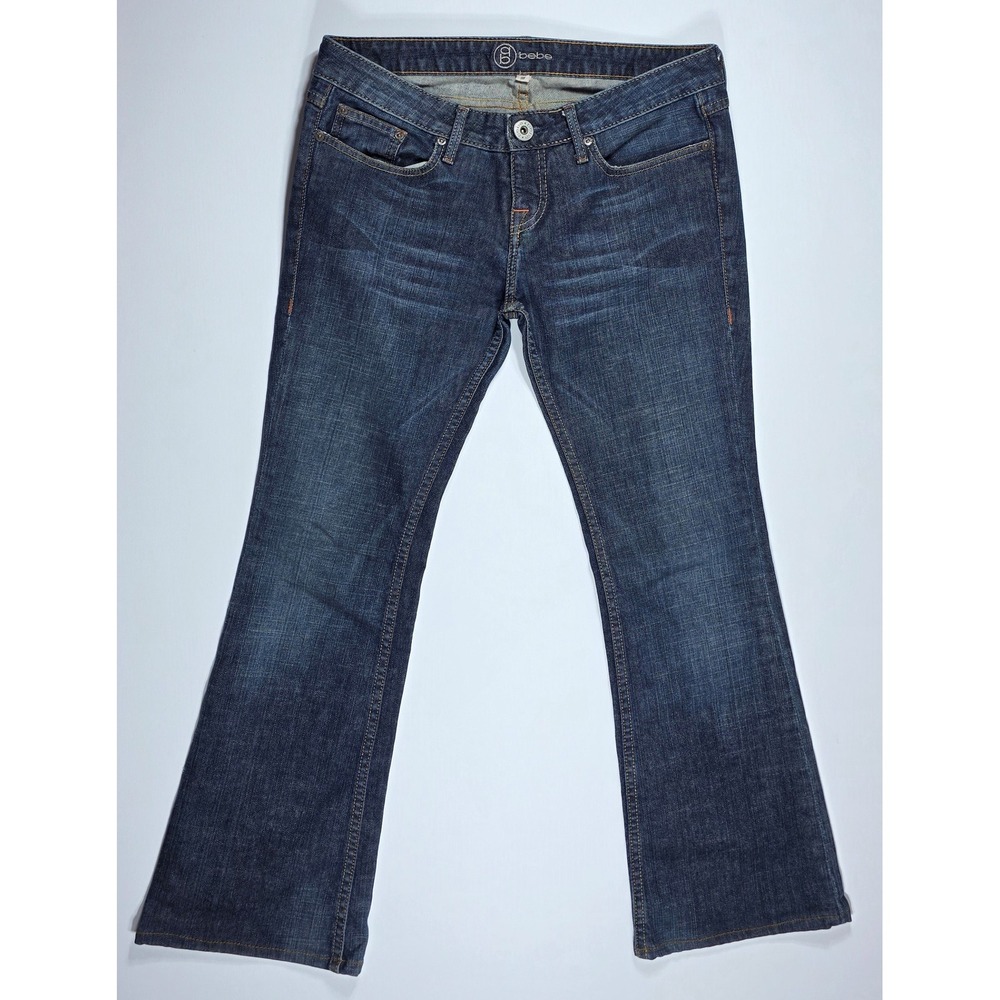 Bebe Womens Dark Wash Bootcut Jeans Blue Embroidered Logo Petite Size 30P
